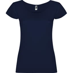 A navy blue T-shirt with short sleeves and a scoop neckline, featuring a logo on the label.