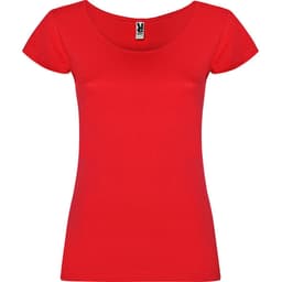A red T-shirt with a scoop neckline and short sleeves. It features a logo label at the collar.