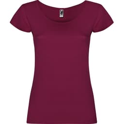 A maroon T-shirt with short sleeves and a scoop neckline, featuring a logo on the label.