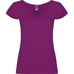 A purple T-shirt with a scoop neck and short sleeves. It features a label but no visible branding.