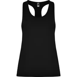 A black Aida tank top featuring a racerback design and a subtle logo. Perfect for casual wear.
