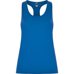 Aida Tank Top in vibrant blue, featuring a back cut-out design and a logo on the label. Ideal for casual wear.