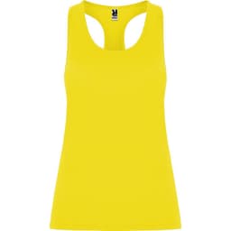 Aida Tank Top in bright yellow with a racerback design and a logo at the neckline.