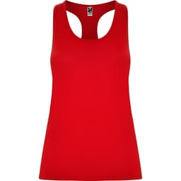 A red tank top with a racerback design, featuring a branding logo on the inside label.
