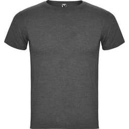 A grey T-shirt with a round neckline and short sleeves, featuring a logo on the upper side.