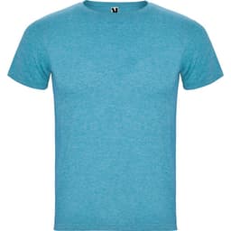 A blue t-shirt with a round neck and short sleeves. It features a small logo on the collar.