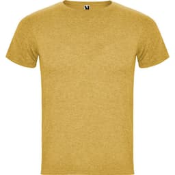 A mustard yellow t-shirt with a round neckline and short sleeves, featuring a logo on the inside label.