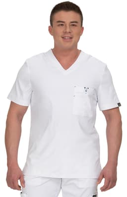 A white short-sleeved scrub top featuring a pocket, designed for professional use. It has a logo on the sleeve.