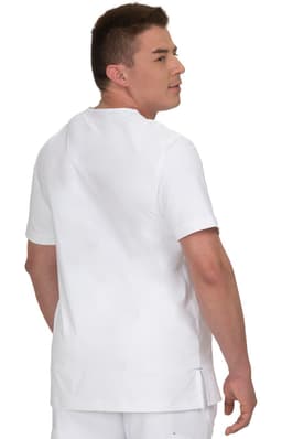 A white short-sleeved shirt worn by a man, featuring a simple design and a logo on the back.