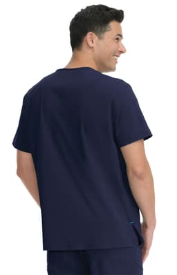 A navy blue men's scrub top with a relaxed fit and a logo on the back.