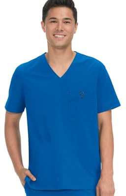 A blue scrub top featuring a V-neck design and a chest pocket, worn by a smiling male model.