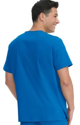 A blue short-sleeved top worn by a smiling man, showcasing the back view. The top features a branded logo.