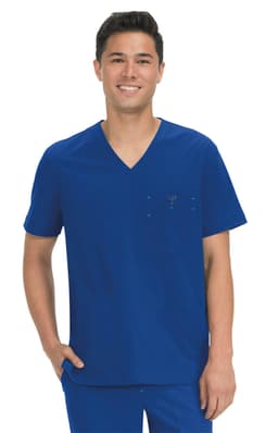 A scrub top in vibrant blue featuring a V-neck and a chest pocket, displayed on a model.
