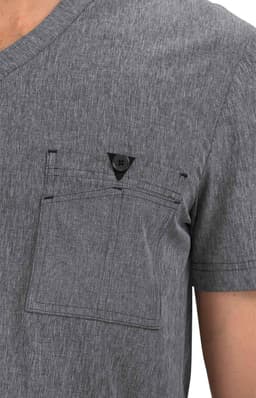 A grey, short-sleeved V-neck T-shirt featuring a pocket with a button detail. The fabric has a textured appearance.