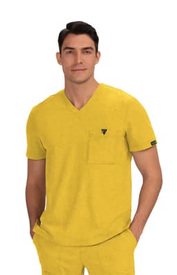 A yellow men's top featuring a V-neck and a chest pocket. The product includes a logo on the sleeve.