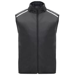 A black ultra-light windbreaker vest with a high collar and reflective detailing on the shoulders.