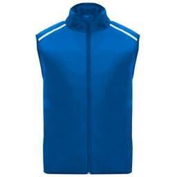 A blue windbreaker vest with a zip front and reflective strips on the shoulders. It features a logo on the chest.