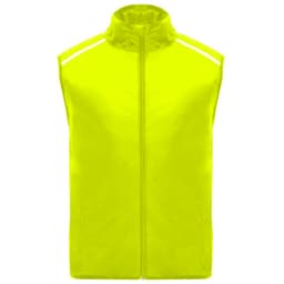 A bright yellow ultra-light windbreaker vest with a high collar and reflective strips on the shoulders.