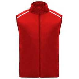 A red ultra-light windbreaker vest with a high collar and reflective stripes. It features a front zipper and no sleeves.