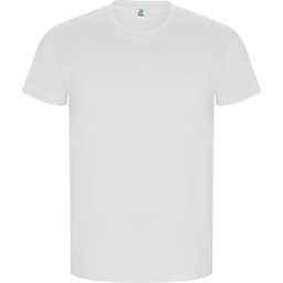 A plain white T-shirt with a round neckline and short sleeves, featuring a small logo on the label.