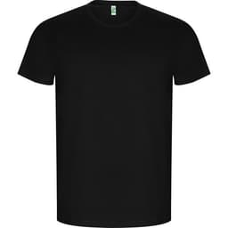 A black t-shirt with a round neckline and short sleeves. Features a logo on the label.