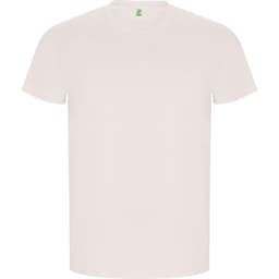 A plain white T-shirt with a round neckline and short sleeves, featuring a logo on the inside label.