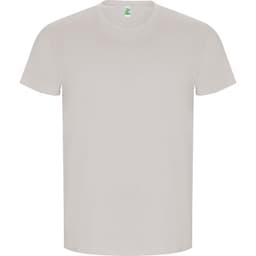 A plain light grey t-shirt with a crew neck and short sleeves, featuring a small logo on the neck label.