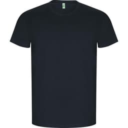 A plain black t-shirt with short sleeves, featuring a label inside the collar.