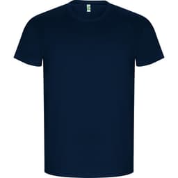 A navy blue T-shirt with a standard crew neck design. It features a logo on the label.