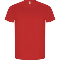 A red T-shirt featuring a round neck and short sleeves, with a small logo on the label.