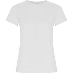 A plain white women's T-shirt with short sleeves. The shirt has a simple, classic design and features a branding logo.