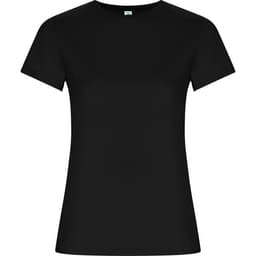 A black women's T-shirt with short sleeves and a slightly fitted silhouette. It features a logo on the label.