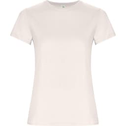 A white women's T-shirt with a classic cut and short sleeves. The shirt features a logo.