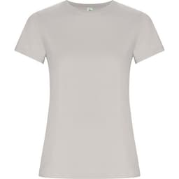 A light grey women's T-shirt with short sleeves, featuring a simple design and a branded label.