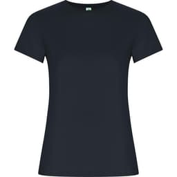 A navy women's T-shirt with a classic fit, short sleeves, and a simple design. It features a logo on the label.
