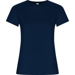 A women's T-shirt in navy blue with short sleeves and a round neckline, featuring a logo.