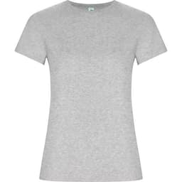A grey women's T-shirt with a classic crew neck and short sleeves, featuring a logo on the label.