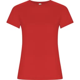 A red women's T-shirt featuring short sleeves and a round neckline, with a logo on the label.