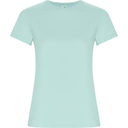 A mint green women's T-shirt with short sleeves and a round neck. It includes a logo on the label.