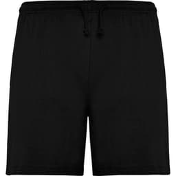 Black sports shorts featuring an elastic waistband with a drawstring. Includes a logo on the side.