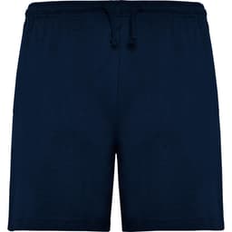 Navy shorts with an elastic waistband and drawstring, featuring side pockets and a logo.