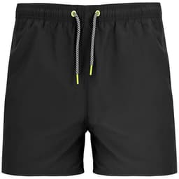 Black swimming shorts featuring a drawstring with yellow accents and a logo.