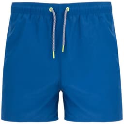 Bright blue swimming shorts with an elastic waistband and contrasting drawstring. Features branding on the side.