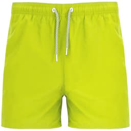 Neon green swimming shorts featuring an elastic waistband and drawstring, with a logo on the front.