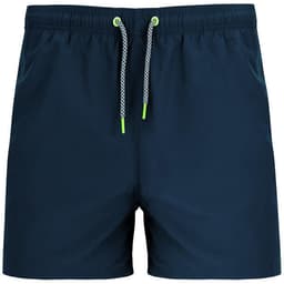 Navy blue swimming shorts with a drawstring waistband and contrasting yellow accents. Includes side pockets and a brand logo.