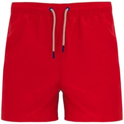 Red swimming shorts with an elastic waistband and contrasting drawstring. Features a logo on the front.