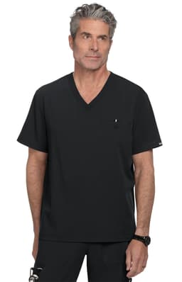 A black V-neck scrub top with a chest pocket, featuring a logo on the left side.