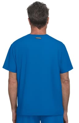A blue men's top featuring a simple design and a logo on the back.