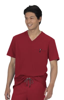 A red scrub top featuring a V-neck and a chest pocket, with drawstring trousers in a matching colour.