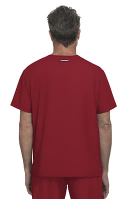 A red short-sleeve top with a simple design, featuring a logo on the upper back.